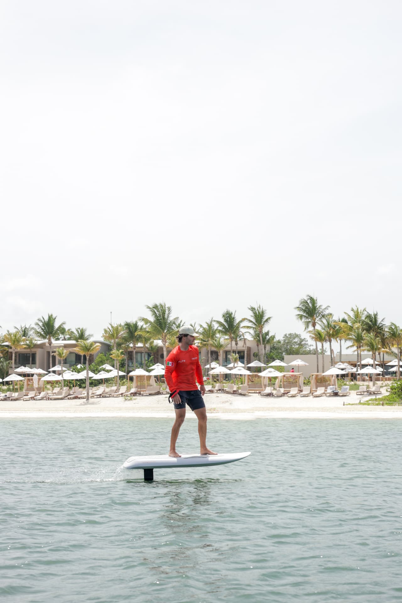 Fliteboard session in front of the Mayakoba resort beach and palms